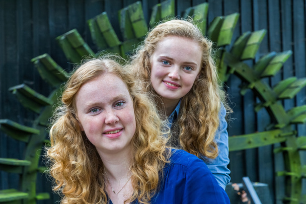 Két holland tizenéves lányok előtt vízimalom - Fotó, kép
