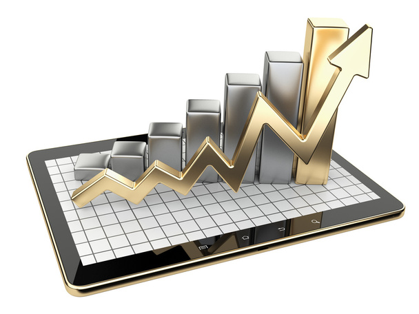 Gold graph and chart on tablet pc - Business statistic concept. - Zdjęcie, obraz