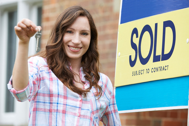 Excited Woman Outside New Home Holding Keys - Photo, Image