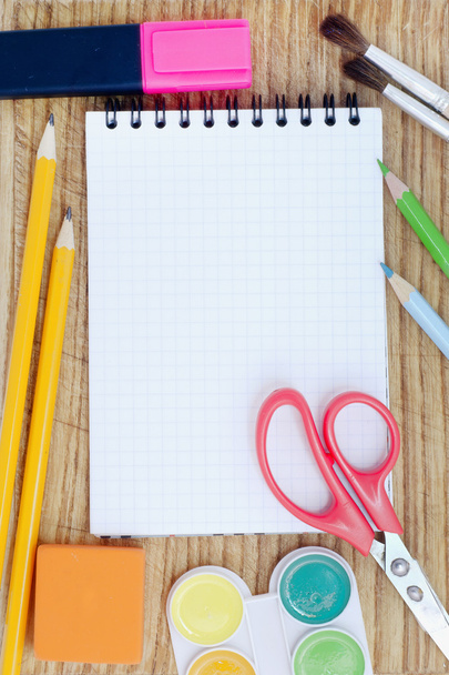 School accessories and checked notebook - Φωτογραφία, εικόνα