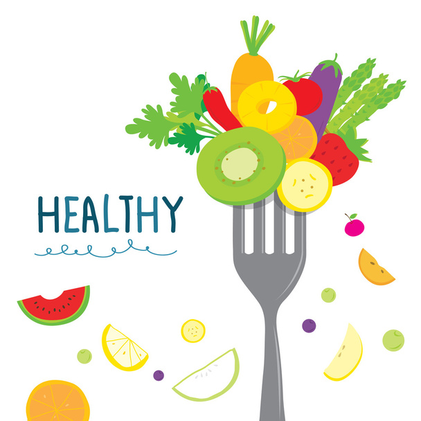 Healthy Fruit Vegetable Diet Eat Useful Vitamin Cartoon Vector - Vector, imagen