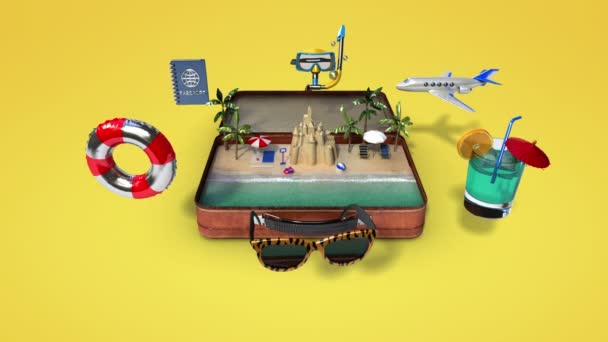Bir deri seyahat çantası, bagaj açıldı, yaz tatili için seyahat hazırlayın, tur (alfa dahil) - Video, Çekim
