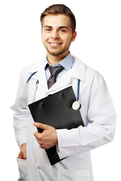 mannelijke arts met map geïsoleerd op wit - Foto, afbeelding