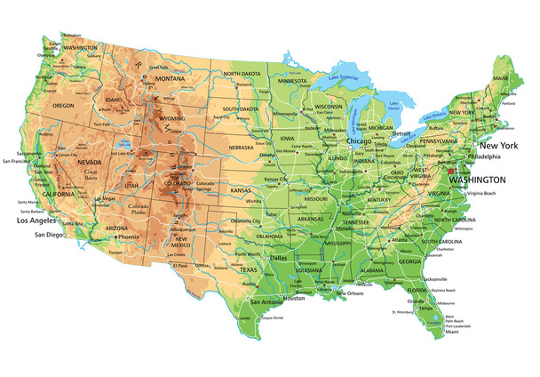 United States of America physical map - Vector, Image
