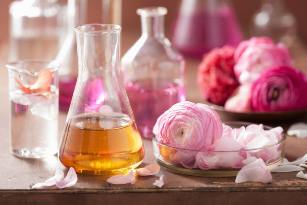 alkímia és az aromaterápia, ranunculus virágok és lombikok - Fotó, kép