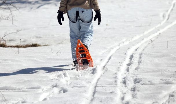 woman walking with orange snowshoes in winter - Zdjęcie, obraz