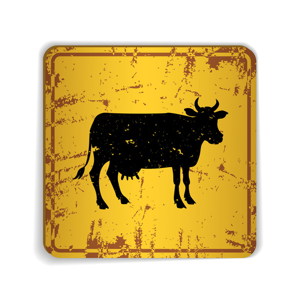 Παλιό κίτρινο σημάδι δρόμου με τη σιλουέτα αγελάδας.  - Διάνυσμα, εικόνα