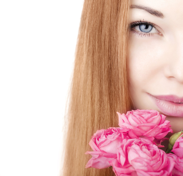 Beautiful girl on a white background with roses - Foto, Imagem