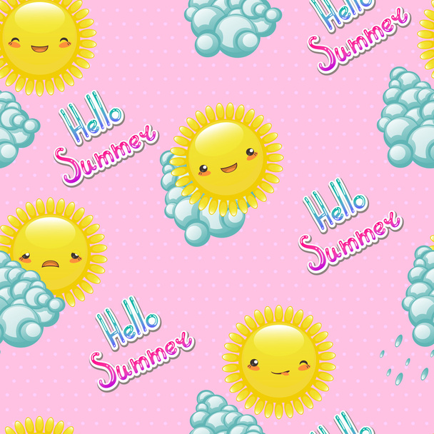 Seamless pattern of funny cartoon sun with different emotions. - Vector, imagen