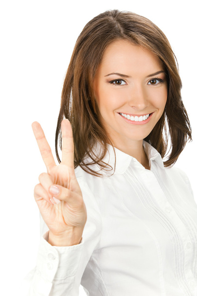 Businesswoman showing two fingers, on white - Fotoğraf, Görsel
