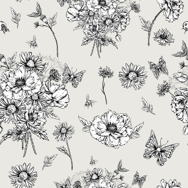 Monochrome Floral Seamless Pattern with Blooming Poppies  - Vecteur, image