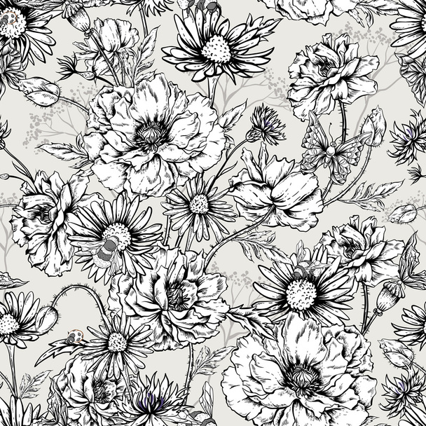 満開のポピーと白黒花柄シームレス  - ベクター画像