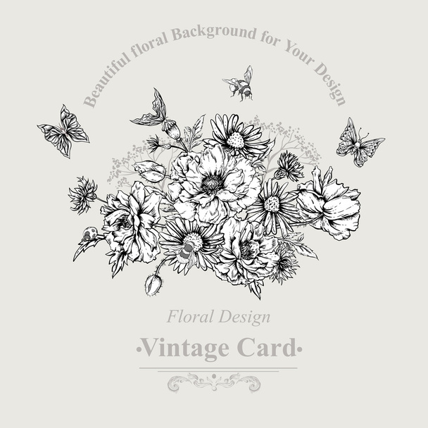 Tarjeta de felicitación vintage monocromática de verano con amapolas florecientes
  - Vector, imagen