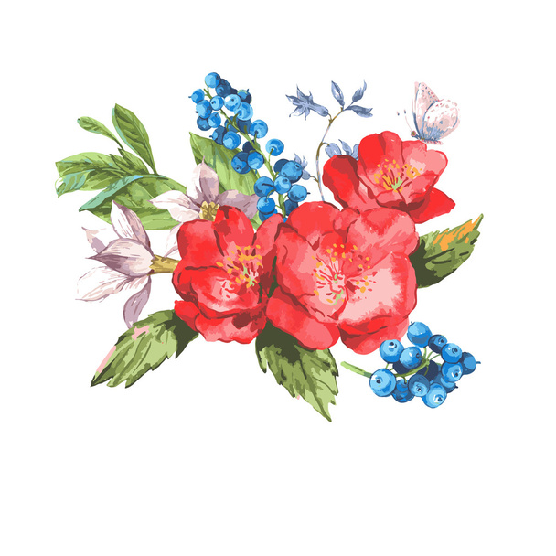 Vintage Watercolor Greeting Card with Blooming Flowers.  - ベクター画像