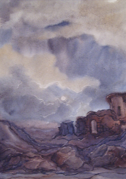 Старый разрушенный замок - акварель
  - Фото, изображение