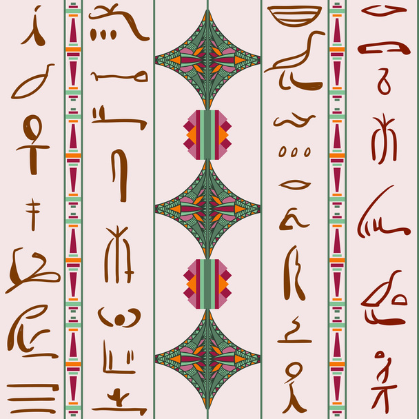 Египет красочный орнамент с силуэтами древнеегипетских иероглифов. Векторный бесшовный шаблон
 - Вектор,изображение