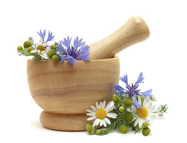 Herbal Treatment - medicine camomile, cornflowers and pestle iso - Photo, Image