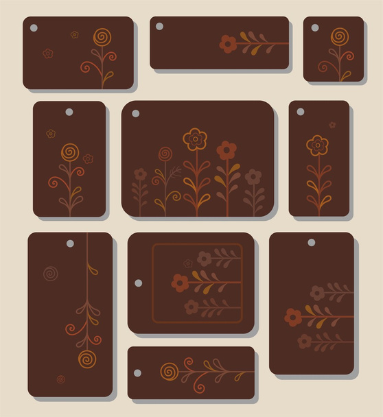 Tags, labels, flowers, leaves on a brown background. - Vektor, obrázek