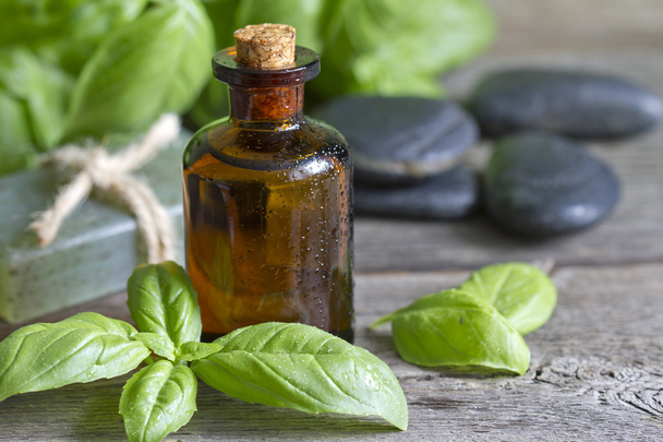 Basil oil and fresh herbs - Fotó, kép