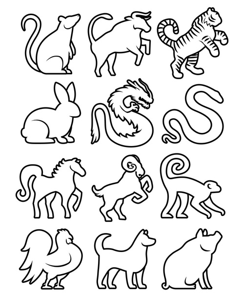 Vector Set Of Stylized Chinese Zodiac Signs - Vector, imagen