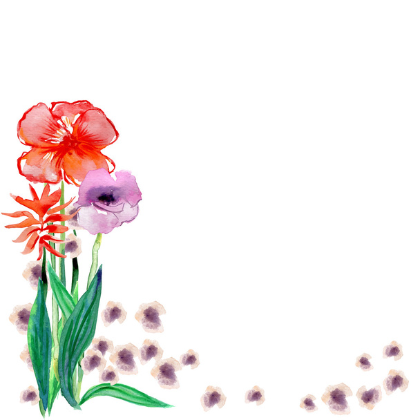 Aquarell-Strauß roter und lila Blumen mit Kopierraum - Vektor, Bild