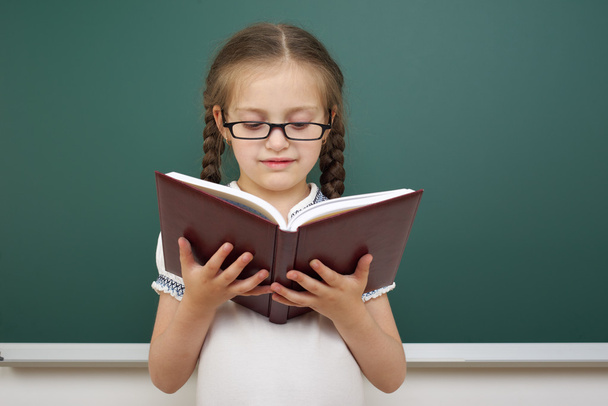 Schoolgirl with book near school board - Fotografie, Obrázek