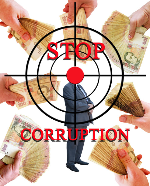 napis stop korupcji z miejsce docelowe i ręka z pieniędzy - Zdjęcie, obraz