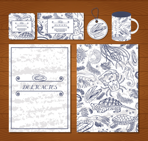 Set design for restaurant or cafe seafood menu, business card, label, mug and Bierdeckel. Vector  - ベクター画像