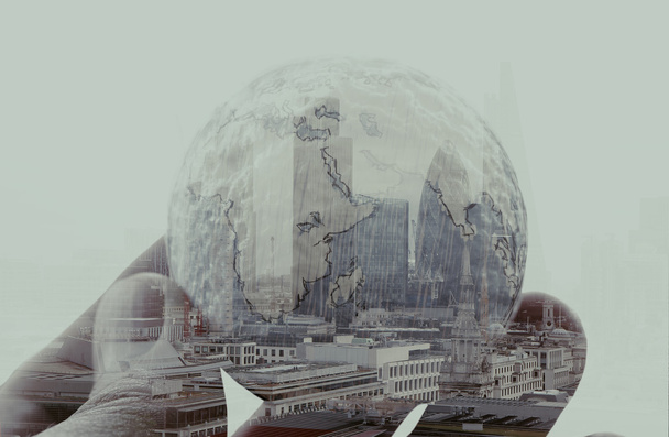 double exposure of businessman hand showing texture the world co - Photo, Image