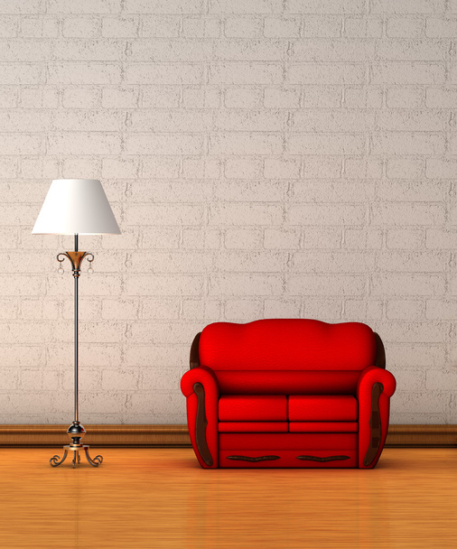 Червоний диван зі стандартною лампою в мінімалістичному інтер'єрі
 - Фото, зображення