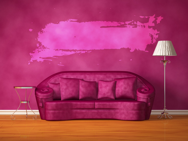 lila kanapé, asztal, a szabványos lámpával és a splash keret lila belső - Fotó, kép