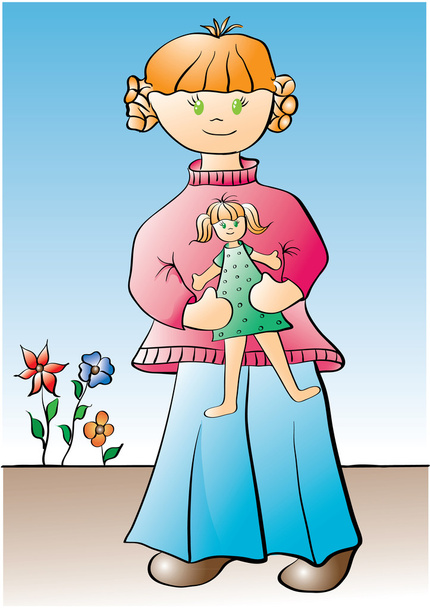 Girl with doll - Vector, Image