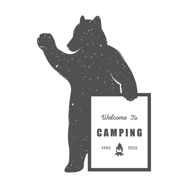 Vintage Illustration of Funny Bear with Sign Camping - Vector, Image