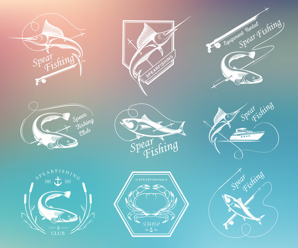 Grande set di loghi, badge e icone Pesca subacquea
 - Vettoriali, immagini