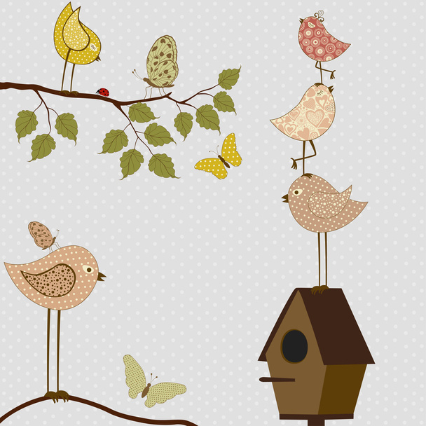 Симпатичные стилизованные птицы и скворечник
 - Вектор,изображение