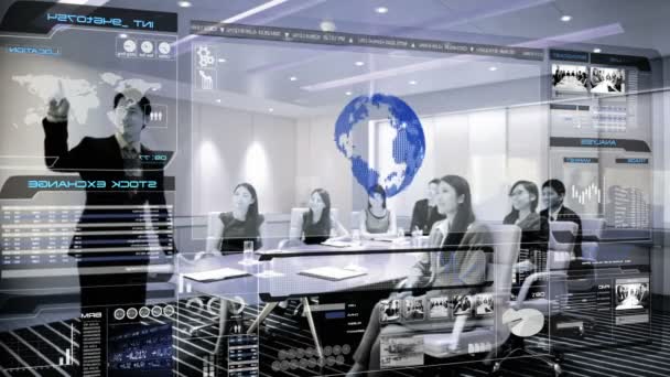 Gente de negocios asiáticos en la sala de juntas con tecnología 3D
 - Metraje, vídeo