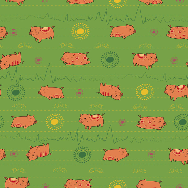 Happy pink piggies with green background - ベクター画像