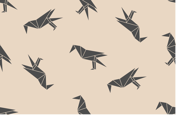 Vector seamless pattern with japanese origami black linear raven birds. - Vector, afbeelding