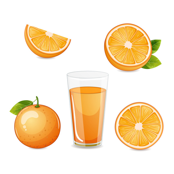Orange fruit half and sliced and orange juice. - Vecteur, image