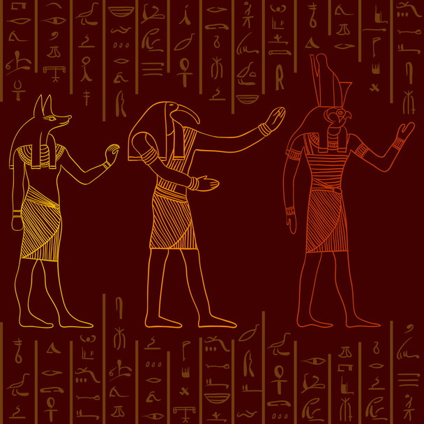 Vintage seamless pattern with egyptian gods on the grunge background with silhouettes of the ancient egyptian hieroglyphs. Retro hand drawn vector illustration - ベクター画像