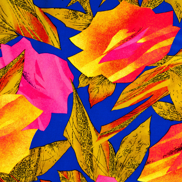 The texture of the silk fabric, red and yellow flowers on a blue background - Photo, Image