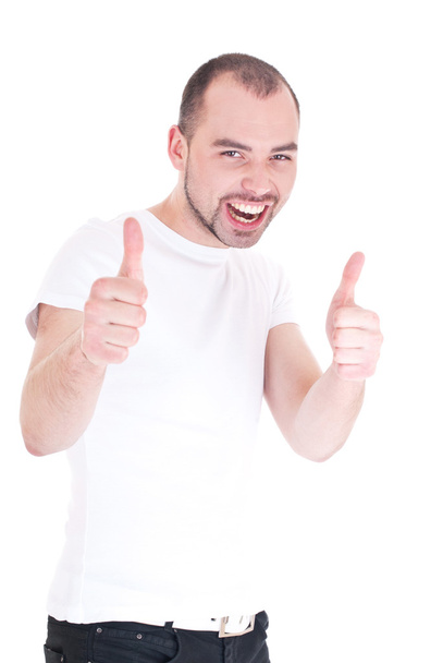 Portrait of a handsome young man showing thumbs up sign - Foto, afbeelding