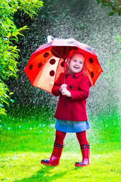 Маленькая девочка с зонтиком играет под дождем
 - Фото, изображение