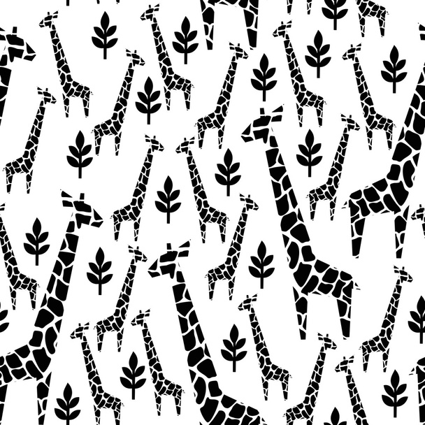 Black and white safari animal background. Giraffes family seamless pattern. - Vector, Image