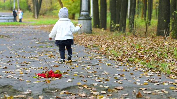 Back of little girl in skirt walking in autumn park - Footage, Video