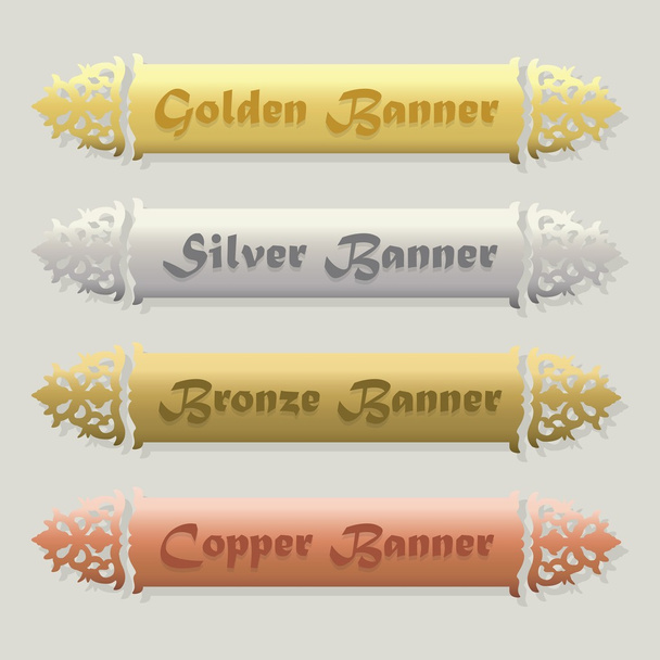 Beautiful Golden, Silver, Bronze, and Copper floral beveled banners set on modern gray background - Wektor, obraz