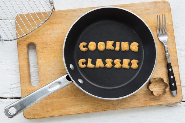Alphabet biscuits word COOKING CLASSES and kitchenware - Fotoğraf, Görsel