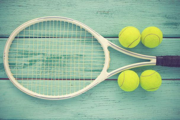 tennis racket and balls on the tennis court vintage color - Photo, Image