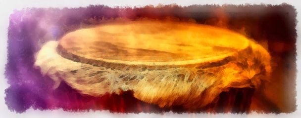 африканський джембе барабан зі шкіряною ламіною з красивим волоссям в красивому ефекті фіолетового жовтого світла з темним фоном. ПК акварель живопис
 - Фото, зображення