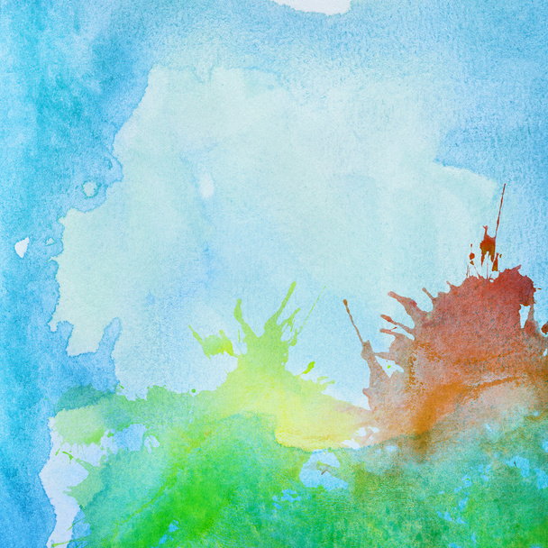 Colorido abstracto pintado acuarela agua, mar u otro fluido azul, con salpicaduras de diferentes colores
. - Foto, imagen